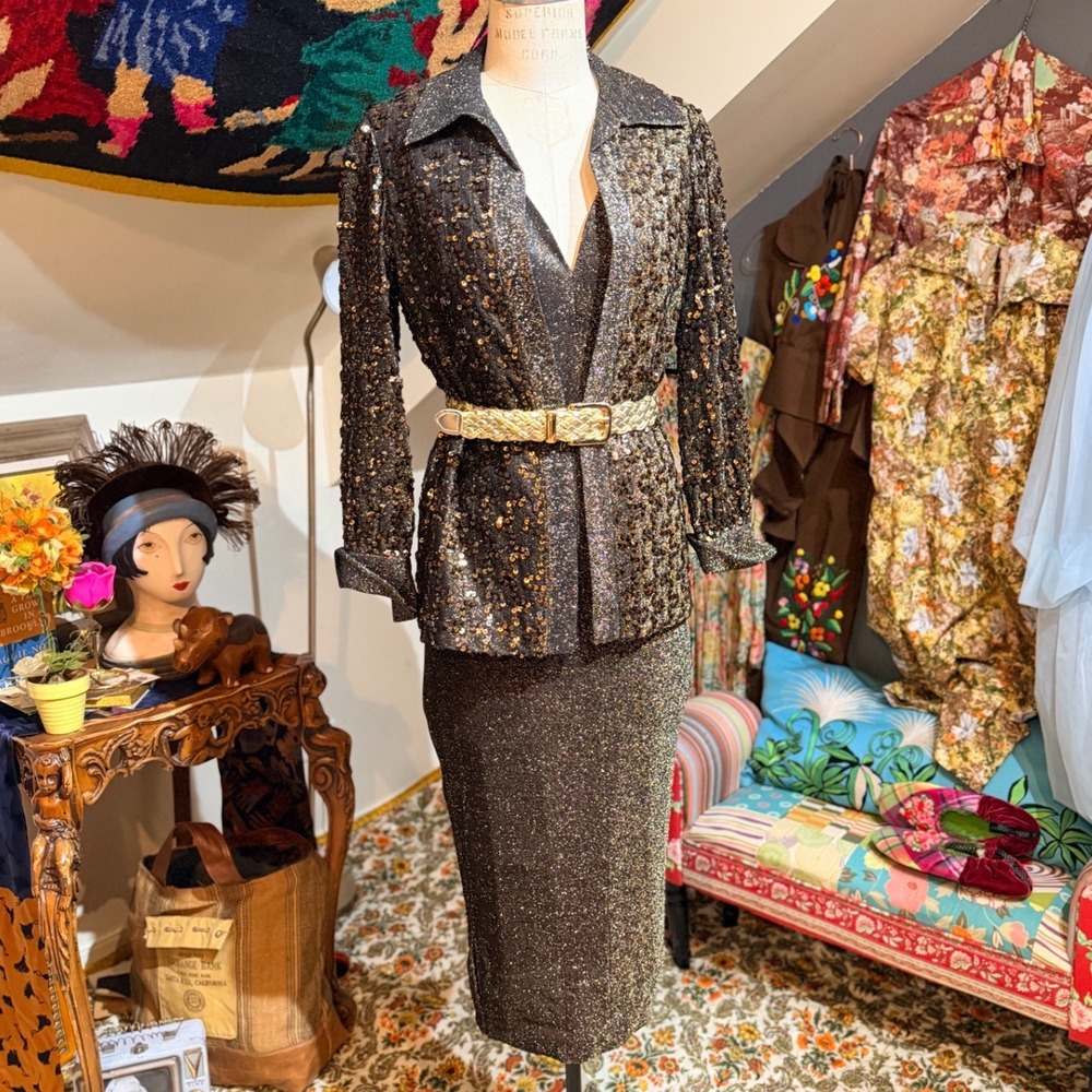 Vintage 80s Lee Jordan New York Sparkly Sequin Gold Jacket Dress Set 2 Piece‎